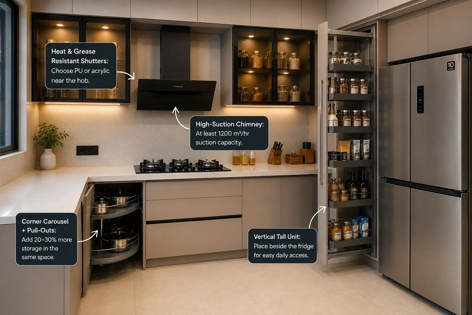 Modern kitchen with smart storage solutions