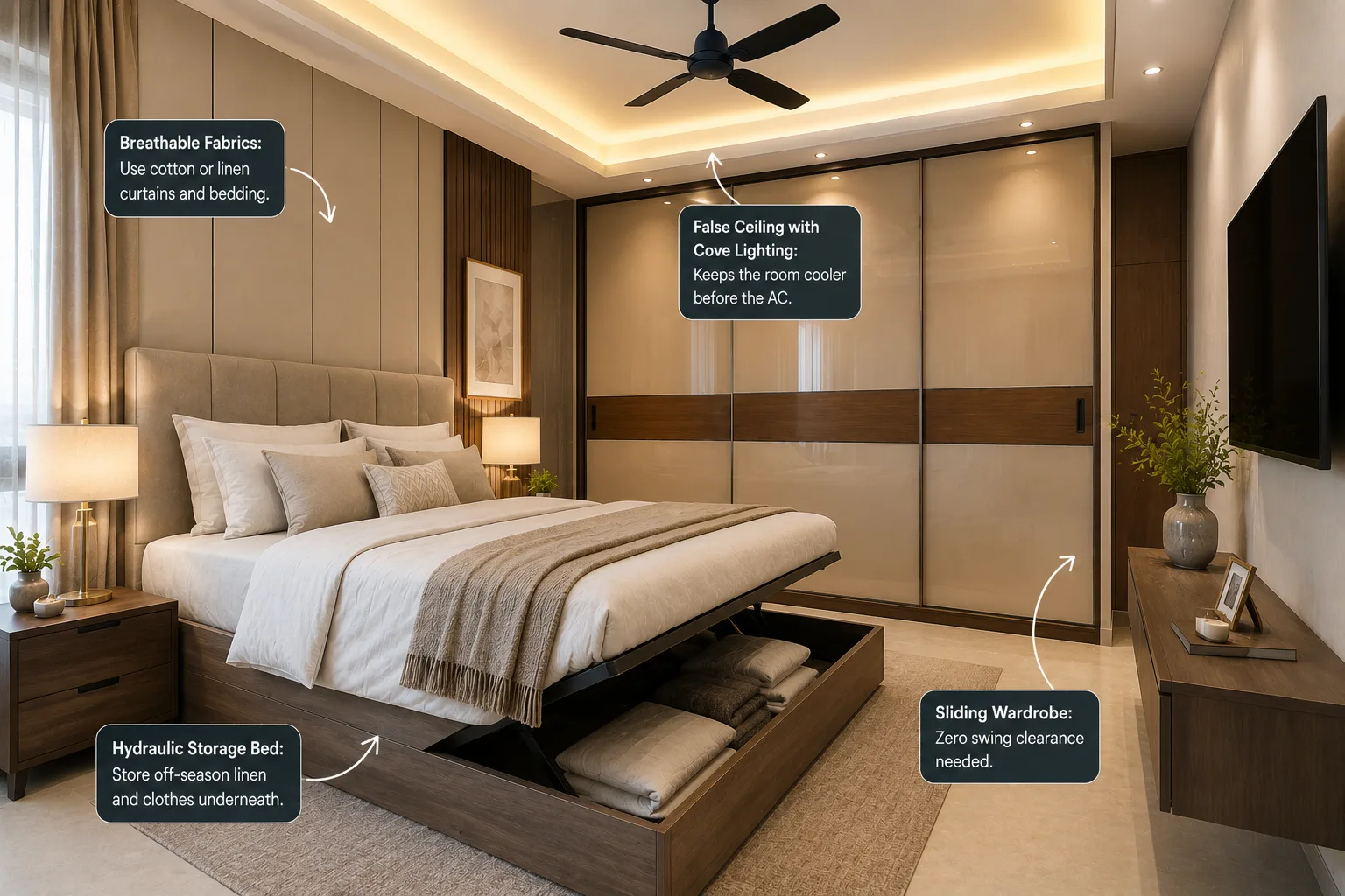 Modern minimalist bedroom with smart storage